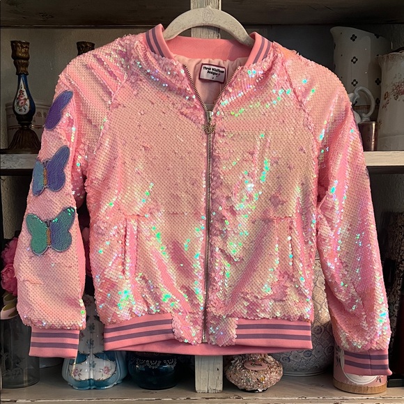 Other - Pink Sequin Jacket with Butterfly Patches custom made by 3 wildflower designs !!